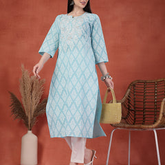 Women Floral Printed Thread Work Notch Neck Pure Cotton Straight Kurta