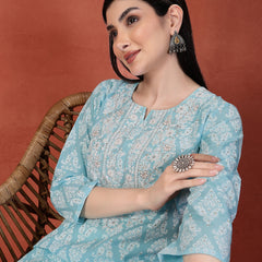 Women Floral Printed Thread Work Notch Neck Pure Cotton Straight Kurta