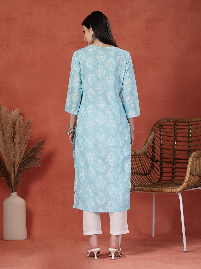 Women Floral Printed Thread Work Notch Neck Pure Cotton Straight Kurta
