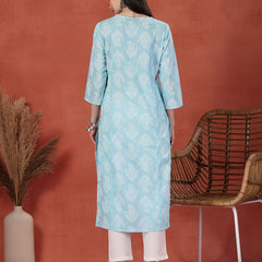 Women Floral Printed Thread Work Notch Neck Pure Cotton Straight Kurta