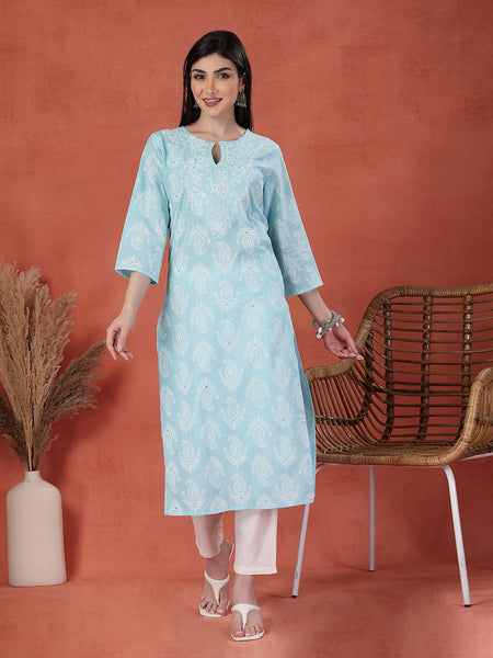 Women Floral Printed Thread Work Notch Neck Pure Cotton Straight Kurta