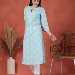 Women Floral Printed Thread Work Notch Neck Pure Cotton Straight Kurta