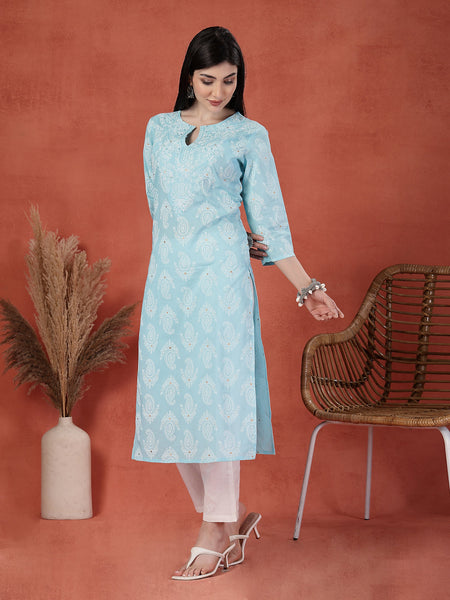 Women Floral Printed Thread Work Notch Neck Pure Cotton Straight Kurta