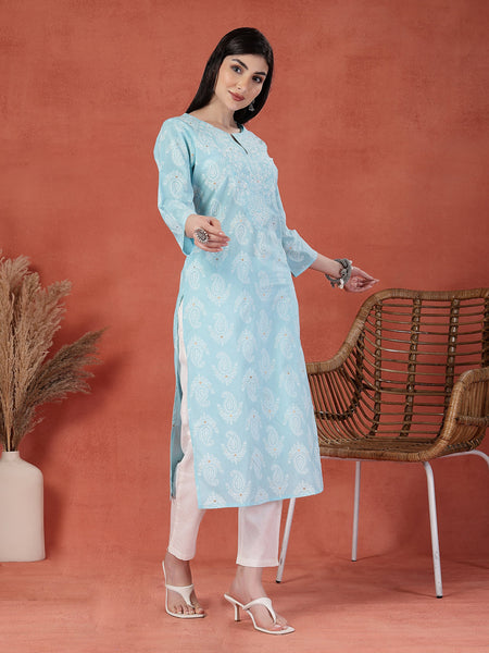 Women Floral Printed Thread Work Notch Neck Pure Cotton Straight Kurta