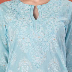 Women Floral Printed Thread Work Notch Neck Pure Cotton Straight Kurta