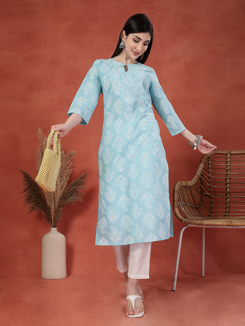 Women Floral Printed Thread Work Notch Neck Pure Cotton Straight Kurta