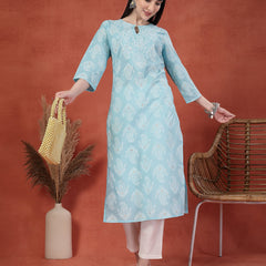 Women Floral Printed Thread Work Notch Neck Pure Cotton Straight Kurta