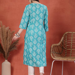 Women Paisley Printed Thread Work Notch Neck Pure Cotton Straight Kurta