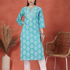 Women Paisley Printed Thread Work Notch Neck Pure Cotton Straight Kurta