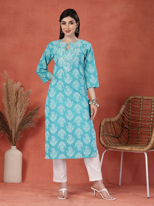 Women Paisley Printed Thread Work Notch Neck Pure Cotton Straight Kurta