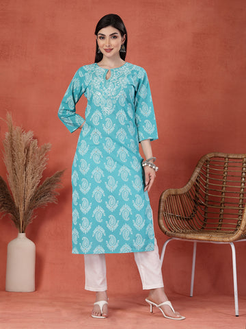 Women Paisley Printed Thread Work Notch Neck Pure Cotton Straight Kurta