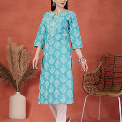 Women Paisley Printed Thread Work Notch Neck Pure Cotton Straight Kurta