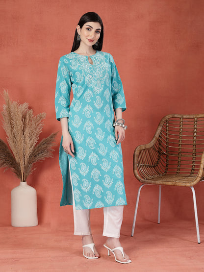 Women Paisley Printed Thread Work Notch Neck Pure Cotton Straight Kurta