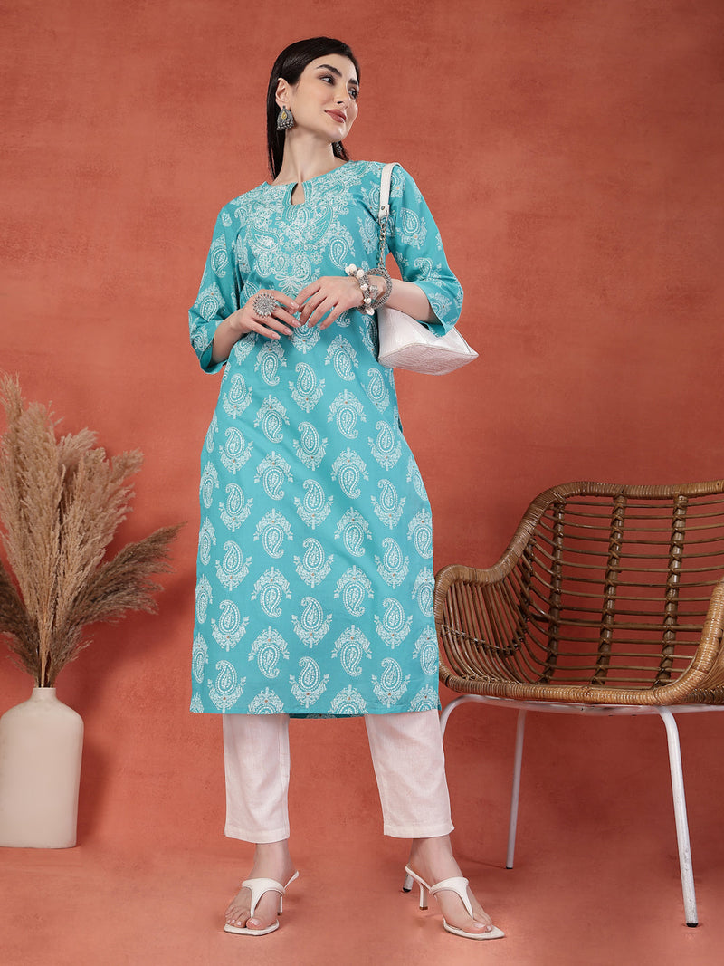 Women Paisley Printed Thread Work Notch Neck Pure Cotton Straight Kurta