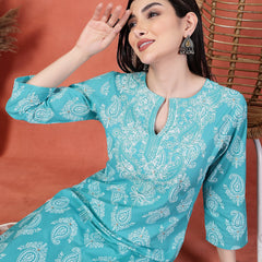 Women Paisley Printed Thread Work Notch Neck Pure Cotton Straight Kurta