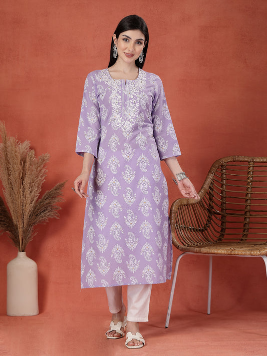 💜 Lavender Embroidery Printed Straight Kurta – Grace Meets Simplicity 💜