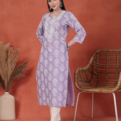 Women Embroidered Round Neck Straight Kurta