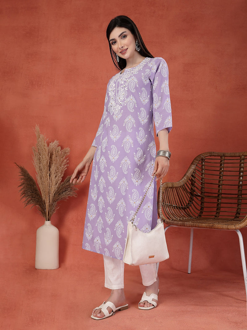 Women Embroidered Round Neck Straight Kurta