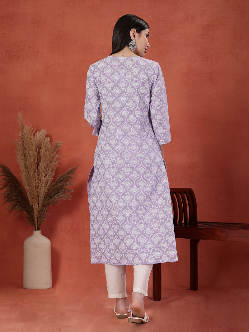 Women Floral Printed Thread Work Notch Neck Pure Cotton Straight Kurta