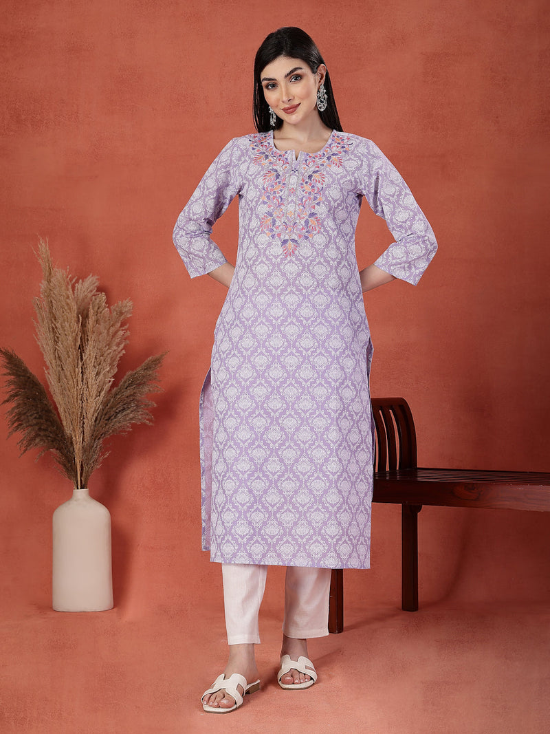 Women Floral Printed Thread Work Notch Neck Pure Cotton Straight Kurta