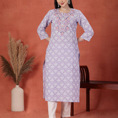 Women Floral Printed Thread Work Notch Neck Pure Cotton Straight Kurta
