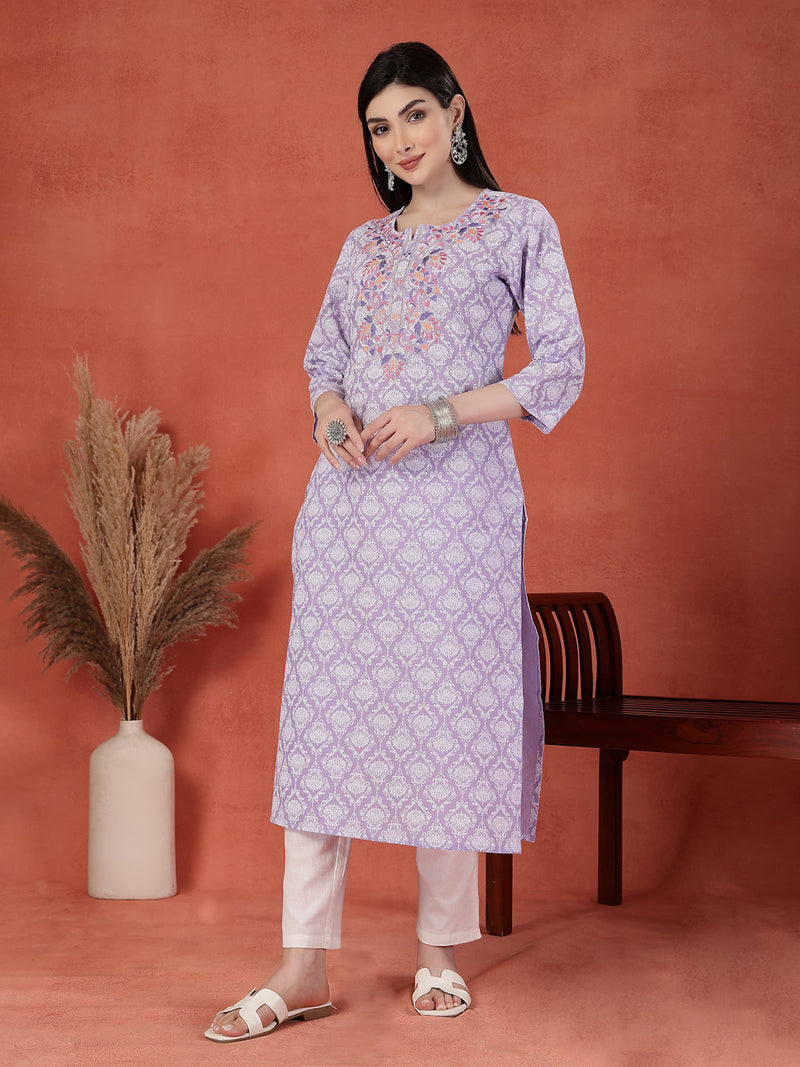 Women Floral Printed Thread Work Notch Neck Pure Cotton Straight Kurta