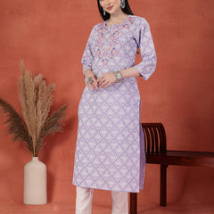 Women Floral Printed Thread Work Notch Neck Pure Cotton Straight Kurta