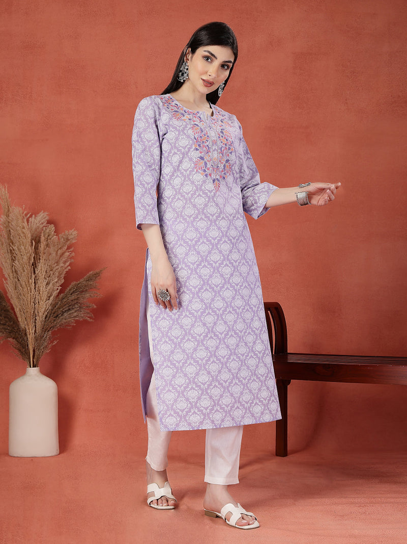 Women Floral Printed Thread Work Notch Neck Pure Cotton Straight Kurta