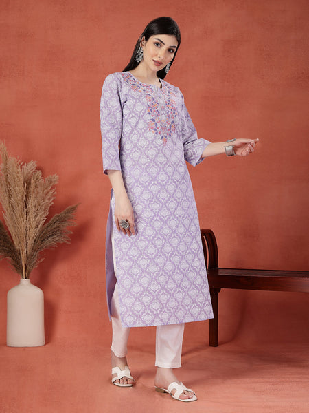 Women Floral Printed Thread Work Notch Neck Pure Cotton Straight Kurta
