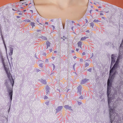 Women Floral Printed Thread Work Notch Neck Pure Cotton Straight Kurta