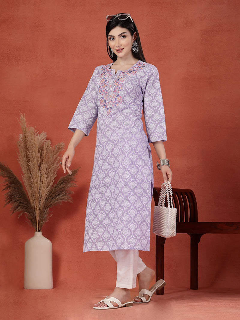 Women Floral Printed Thread Work Notch Neck Pure Cotton Straight Kurta