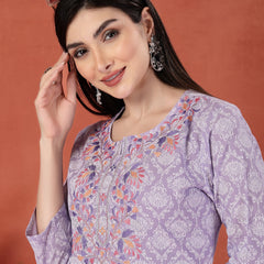 Women Floral Printed Thread Work Notch Neck Pure Cotton Straight Kurta