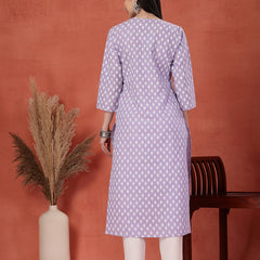 Women Floral Printed Thread Work Notch Neck Pure Cotton Straight Kurta