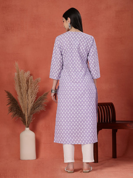 Women Floral Printed Thread Work Notch Neck Pure Cotton Straight Kurta