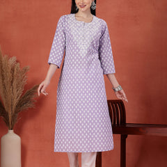 Women Floral Printed Thread Work Notch Neck Pure Cotton Straight Kurta