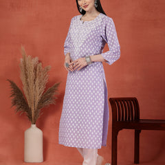 Women Floral Printed Thread Work Notch Neck Pure Cotton Straight Kurta