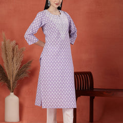 Women Floral Printed Thread Work Notch Neck Pure Cotton Straight Kurta