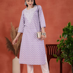 Women Floral Printed Thread Work Notch Neck Pure Cotton Straight Kurta