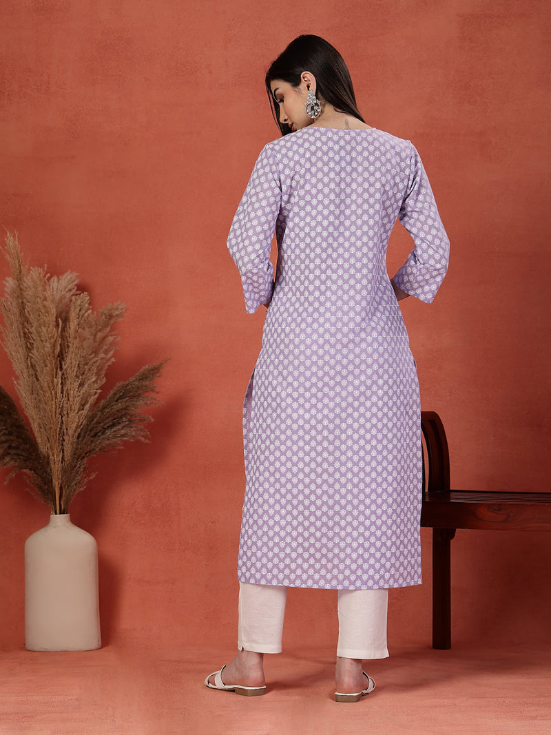 Women Lavender Floral Printed Thread Work Notch Neck Pure Cotton Straight Kurta