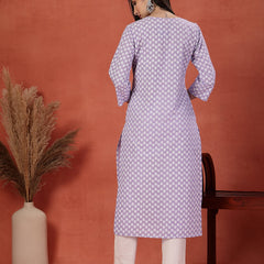 Women Lavender Floral Printed Thread Work Notch Neck Pure Cotton Straight Kurta