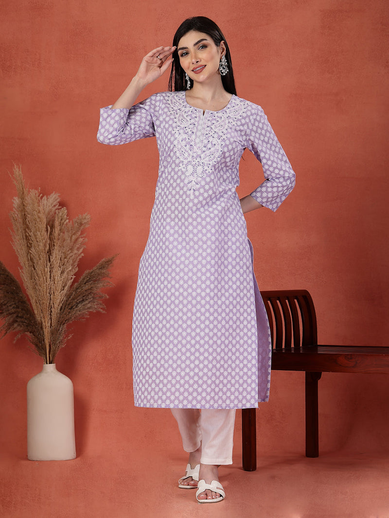 Women Lavender Floral Printed Thread Work Notch Neck Pure Cotton Straight Kurta