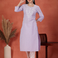 Women Lavender Floral Printed Thread Work Notch Neck Pure Cotton Straight Kurta