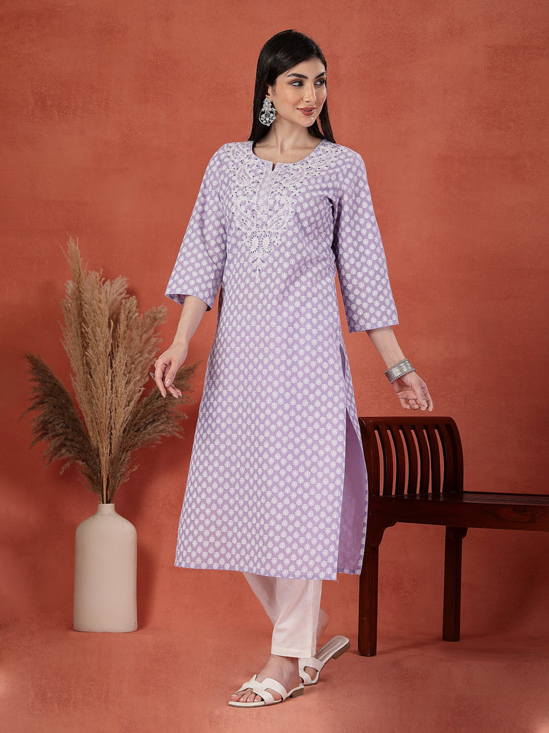 Women Lavender Floral Printed Thread Work Notch Neck Pure Cotton Straight Kurta