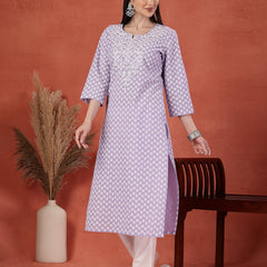Women Lavender Floral Printed Thread Work Notch Neck Pure Cotton Straight Kurta