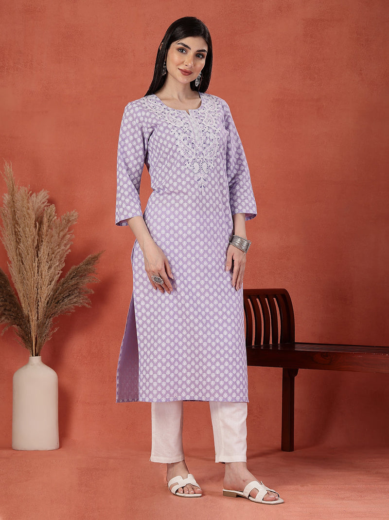 Women Lavender Floral Printed Thread Work Notch Neck Pure Cotton Straight Kurta