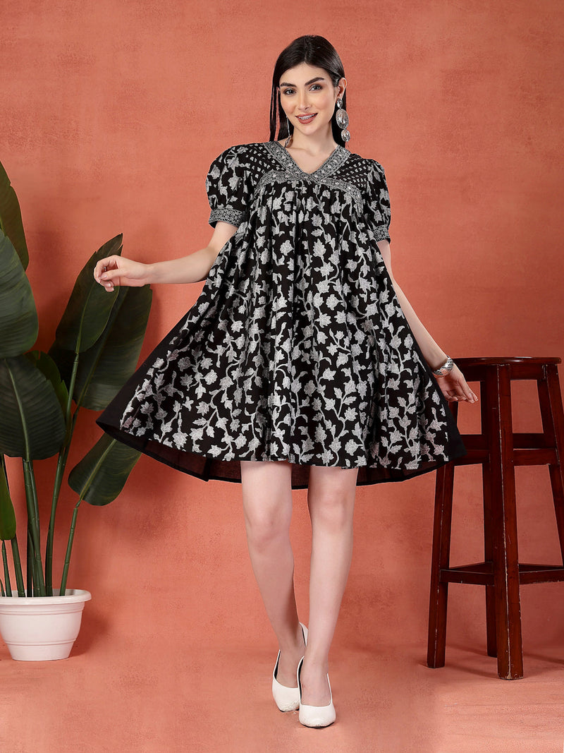Women Black Color Printed Cotton V Neck Empire Ethnic Dress