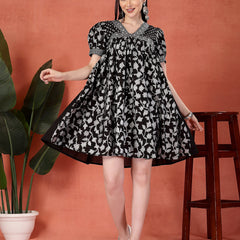 Women Black Color Printed Cotton V Neck Empire Ethnic Dress
