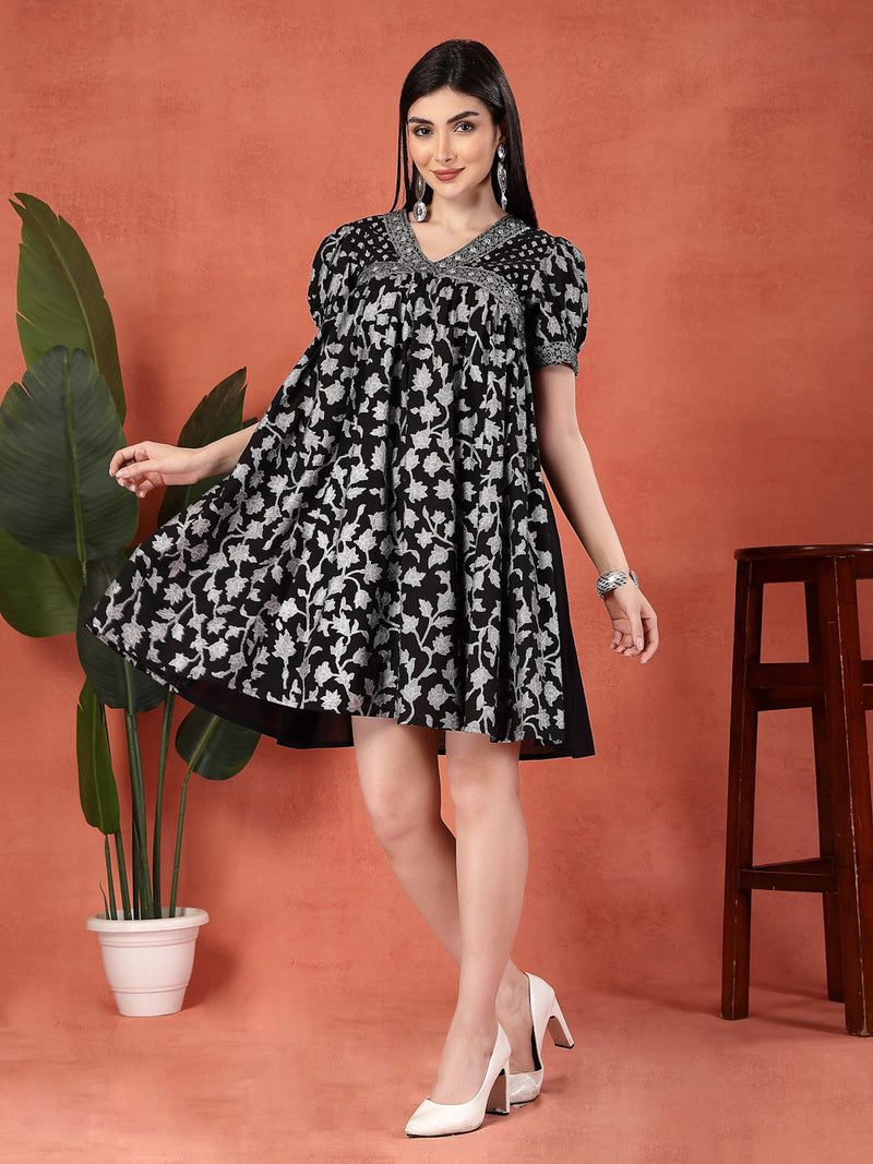 Women Black Color Printed Cotton V Neck Empire Ethnic Dress