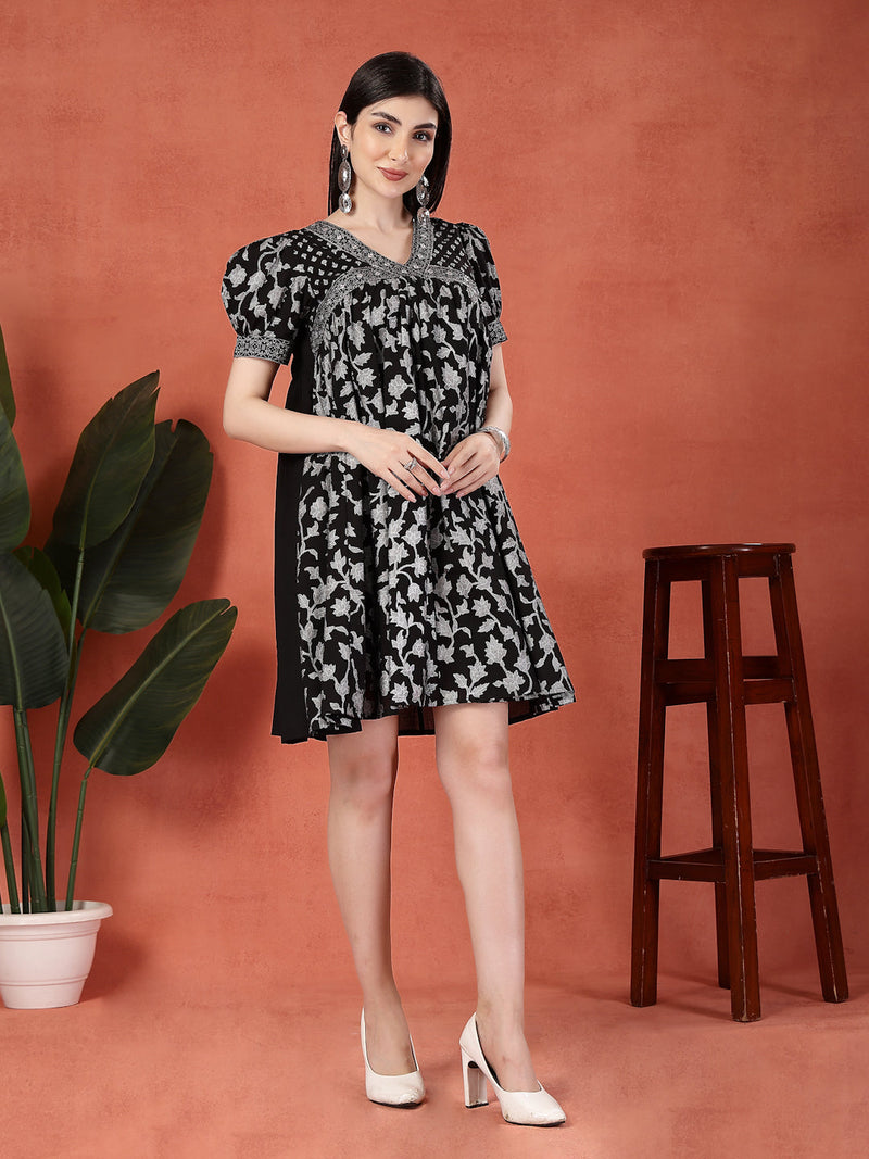 Women Black Color Printed Cotton V Neck Empire Ethnic Dress