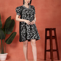 Women Black Color Printed Cotton V Neck Empire Ethnic Dress
